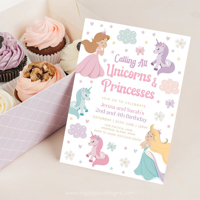Gemeinsame Einladungspräsidentin zum Geburtstag. E Einladung (Princess and Unicorn Rainbow Joint Birthday Invitation)