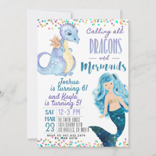 Gemeinsame Mermaid Dinosaur Geburtstagseinladung Einladung