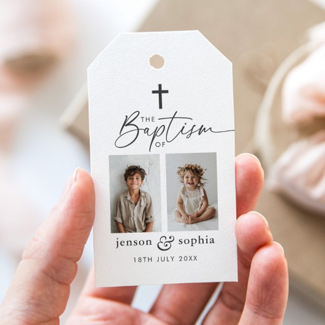 Gemeinsame Taufe 2 Foto Geschenkanhänger (Zazzle Joint Baptism 2 Photo Gift Tags)