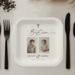 Gemeinsame Taufe 2 Foto Pappteller<br><div class="desc">Feiern Sie die gemeinsame Taufe Ihrer Kinder mit diesem Design,  mit 2 eigenen Fotos mit einem wunderschönen Schriftart Duo darunter.</div>