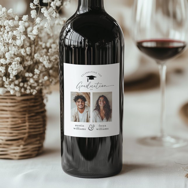 Gemeinsames Foto der Graduierungspartei 2 Weinetikett (Zazzle Joint Graduation Party 2 Photo Wine Label)