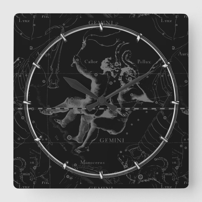 Gemini Constellation Map Hevelius 1690 on Black Quadratische Wanduhr (Vorderseite)