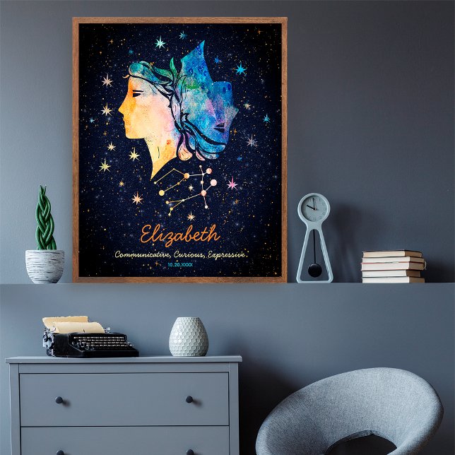 Gemini Constellation Zodiac Watercolor Star Galaxy Poster (Von Creator hochgeladen)