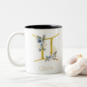 Gemini Name Blue & Gold Floral Zweifarbige Tasse