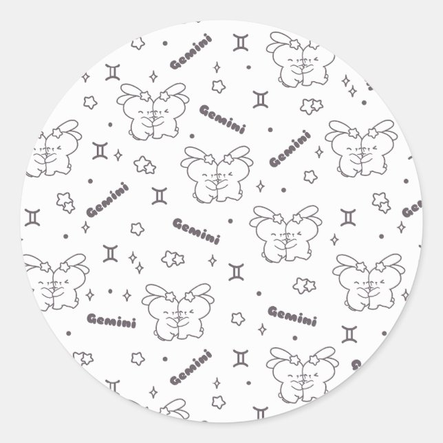 Gemini Twin Bunnies Embrace Zodiac Muster Runder Aufkleber (Vorderseite)