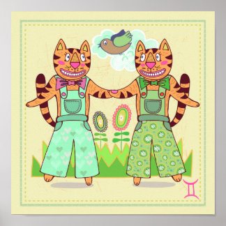 Gemini Twins Cat Zodiac Kinderzimmer Print Poster