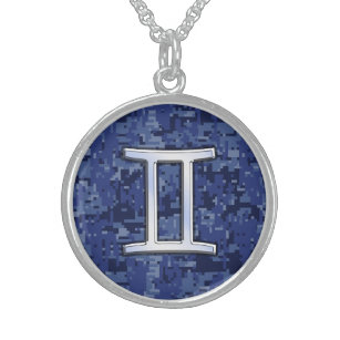 Gemini-Zeichen auf Blue Digital Camouflage Sterling Silberkette