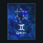 Gemini Zodiac Constellation Blue Galaxy Celestial Postkarte<br><div class="desc">Gemini Zodiac Constellation Blue Galaxy Celestial Design. Mit trendigem Pinsel Script-Schriftart, dunkelblauem Himmelswasserhintergrund, leuchtender Sternkonstellation und dem Zwillingssymbol. Modernes Astrologisches Geburtszeichen Horoskop, ist perfekt für jeden Gemini Geburtstag vom 21. Mai - 20. Juni ! Ein tolles Geschenk für Junge und Mädchen, Familienmitglieder, Teens, Ehefrau, Ehemann, Freunde und Astrologie Lover. Cosmic...</div>