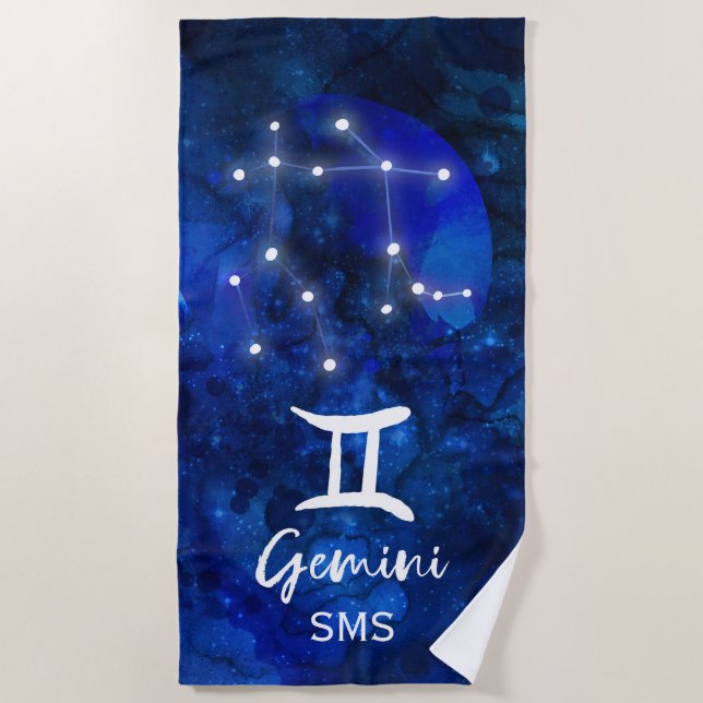 Gemini Zodiac Constellation Blue Galaxy Monogramm Strandtuch (Vorderseite)