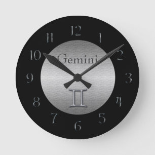 Gemini Zodiac-Imitat, in Silber/Schwarz gebürstet Runde Wanduhr