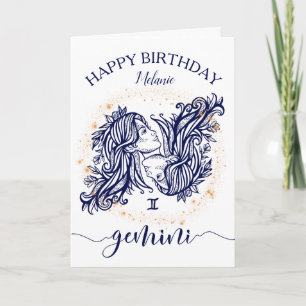 Gemini Zodiac Navy & Gold Monochrome Geburtstagkar Karte