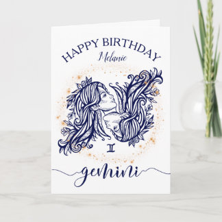 Gemini Zodiac Navy & Gold Monochrome Geburtstagkar Karte