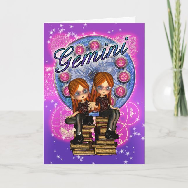 Gemini Zodiac Niedliche Karte mit zwei Mädchen auf (Vorderseite)