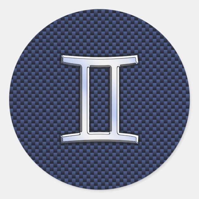 Gemini Zodiac Sign auf Blue Carbon Fibre Style Runder Aufkleber (Vorderseite)