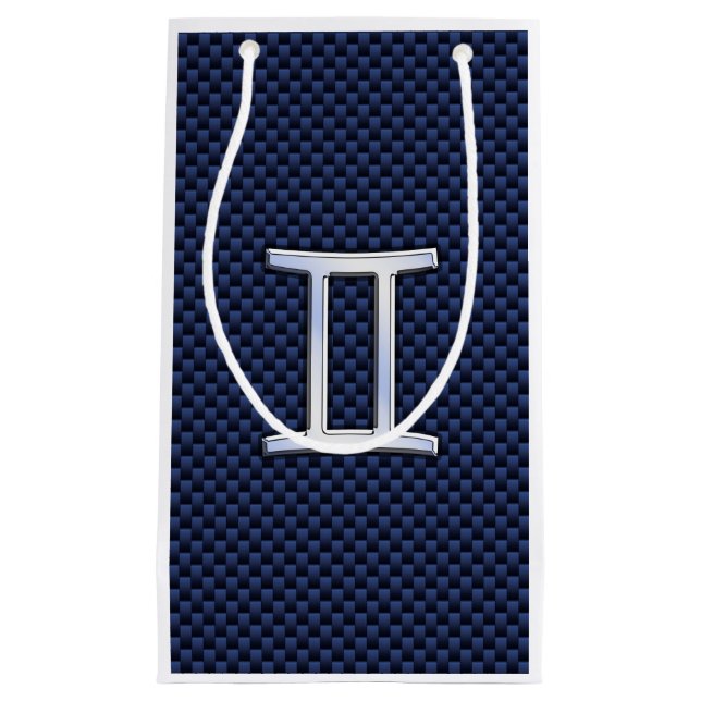 Gemini Zodiac Sign auf Navy Blue Carbon Fibre Prin Kleine Geschenktüte (Vorderseite)