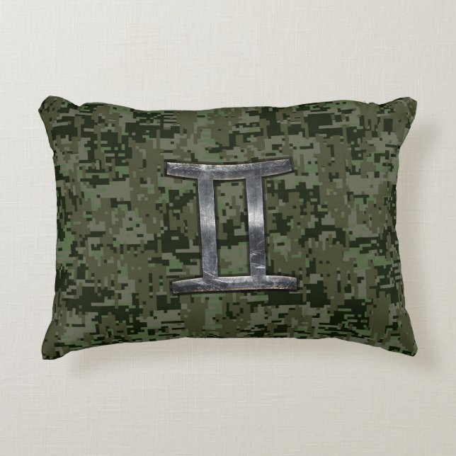 Gemini Zodiac signiert grüne digitale Camouflage Dekokissen (Vorderseite)