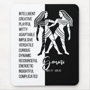 Gemini Zodiac Signu Mousepad, Schwarz & Weiß Mousepad