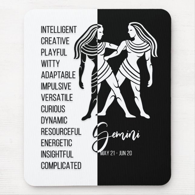 Gemini Zodiac Signu Mousepad, Schwarz & Weiß Mousepad (Vorne)