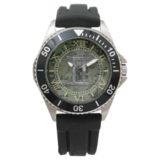 Gemini Zodiac Symbol auf der grünen Camouflage Dia Armbanduhr (Vorderseite)