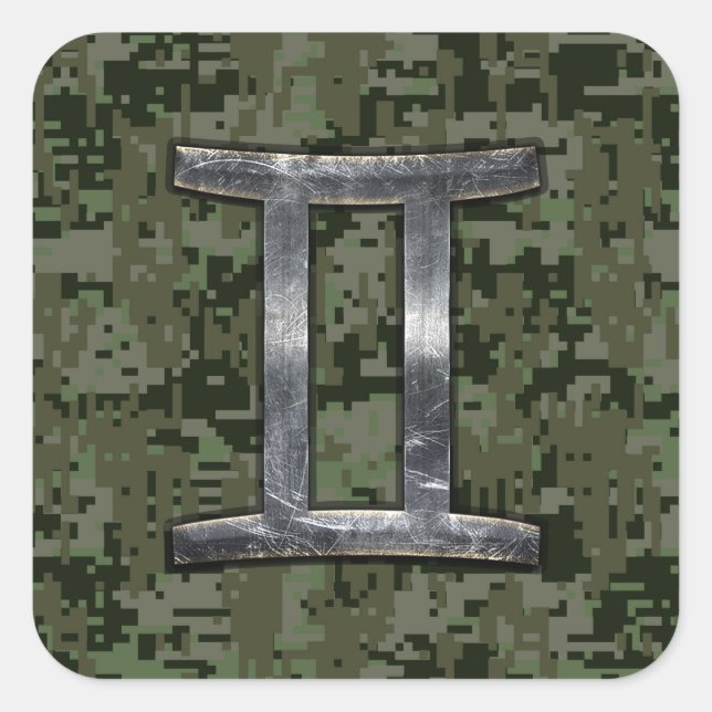 Gemini Zodiac Symbol auf grüner digitaler Camoufla Quadratischer Aufkleber (Vorderseite)