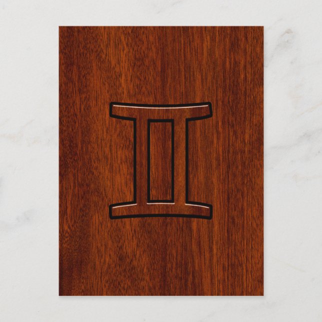 Gemini Zodiac Symbol auf Mahagoni wie Dekor Postkarte (Vorderseite)