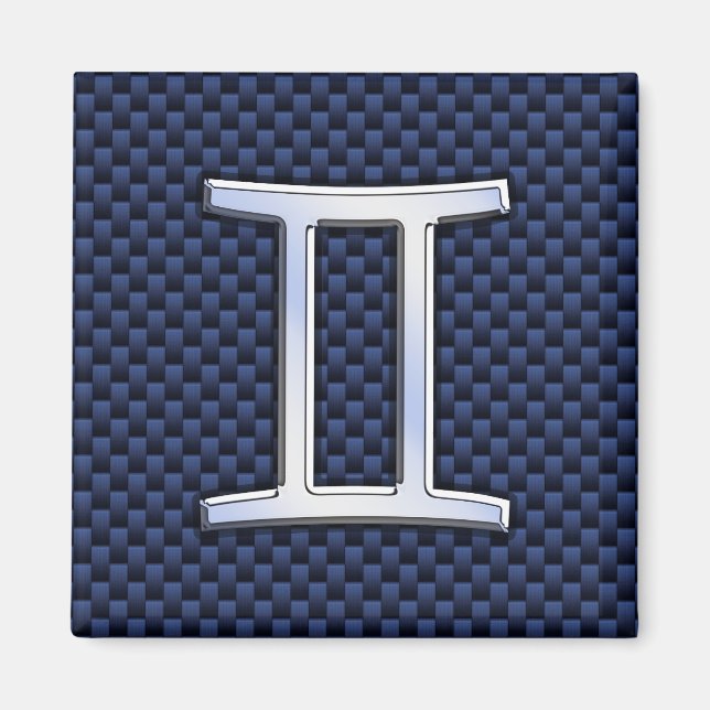Gemini Zodiac Symbol Navy Blue Carbon Fibre Print Magnet (Vorne)