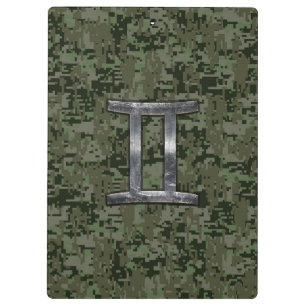 Gemini Zodiac Symbol on Green Digital Camo Klemmbrett