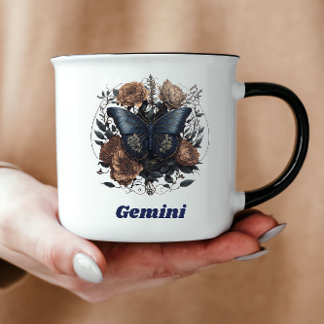 Gemini Zodiac Vintage Kunst mit dunkelblauem Text Tasse
