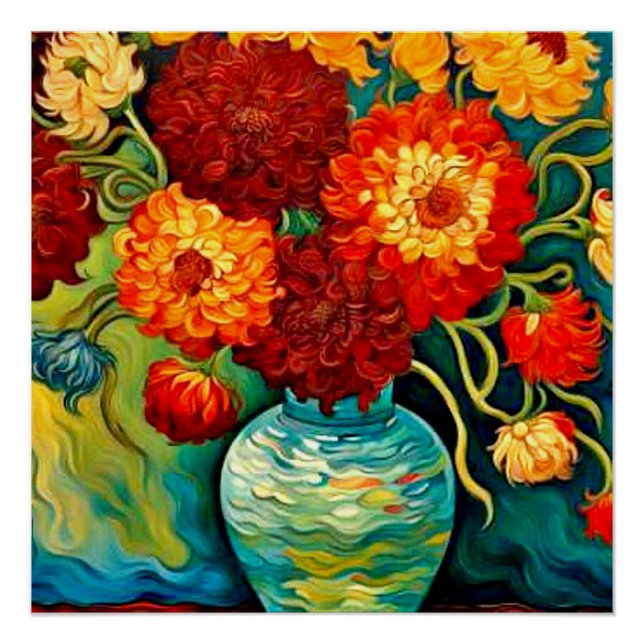 Gemischte Dahlien in Vase Poster (Vorderseite)
