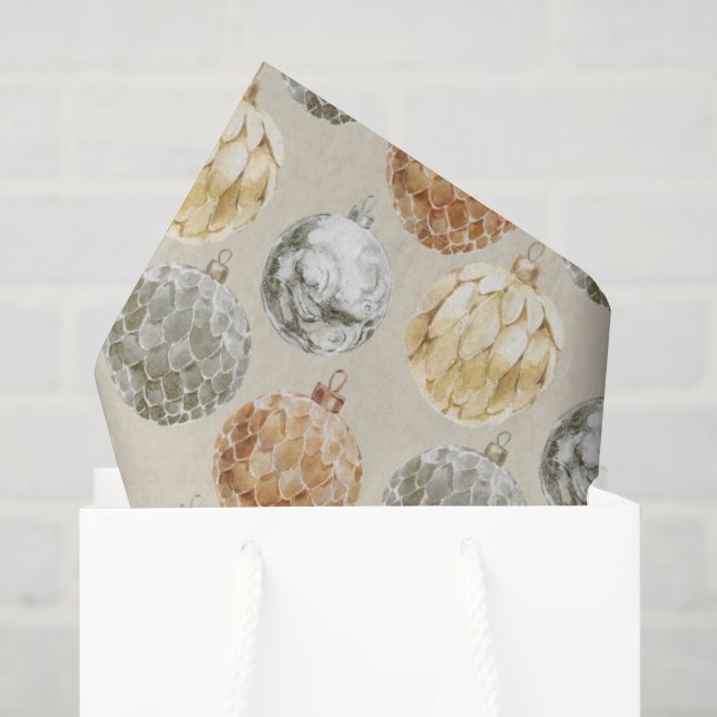 Gemischte metallische Ornamente auf neutraler Beig Seidenpapier (Geschenk Tasche)