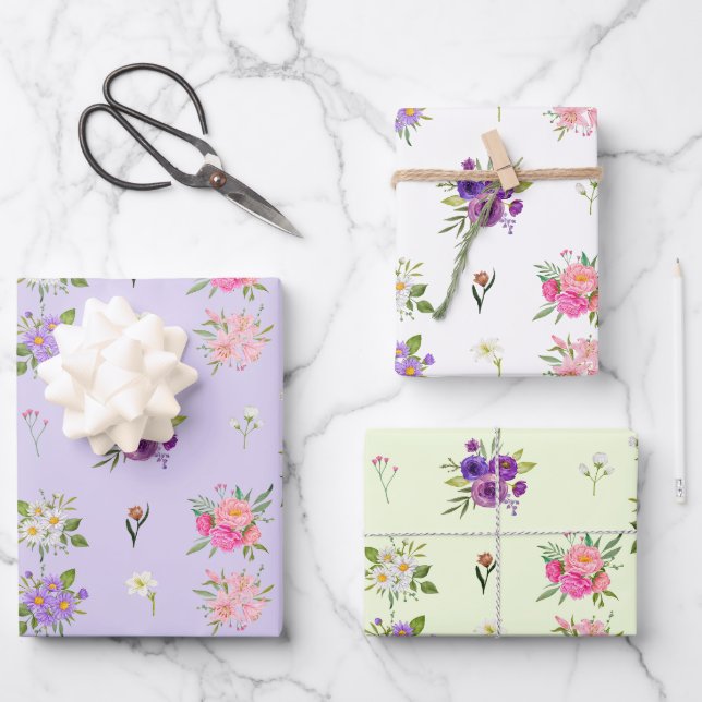 Gemischte Pastell-Sommerblumen Geschenkpapier Set (Vorderseite)
