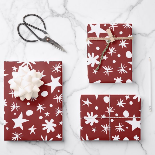 GEMISCHTE Rot- und Weißstars Recyclingfähige Weihn Geschenkpapier Set (Vorderseite)