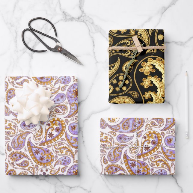 Gemischte Schwarz-, Gold- und Lila-klassische Pais Geschenkpapier Set (Vorderseite)