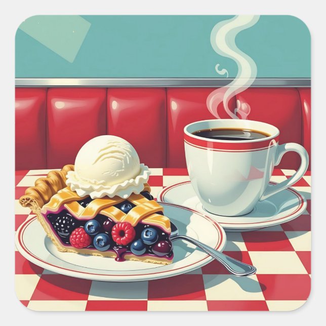 Gemischter Berry Pie, Eiscreme und Kaffee Quadratischer Aufkleber (Vorderseite)