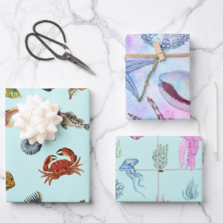 Gemischter Meeresfisch, Muscheln, Krebse, Quallen Geschenkpapier Set