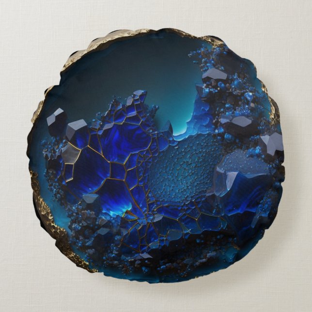 Gemstone Blue Sapphire Crystal Rock Rundes Kissen (Vorderseite)