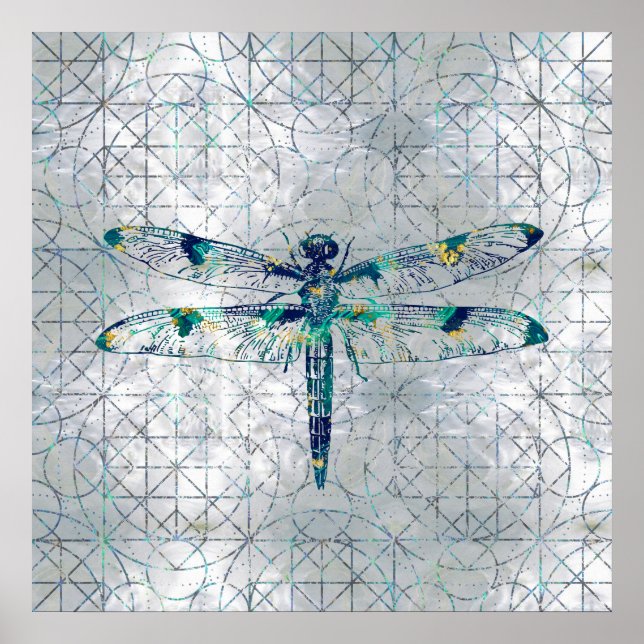 Gemstone Dragonfly auf dem sakralen Geometriemuste Poster (Vorne)