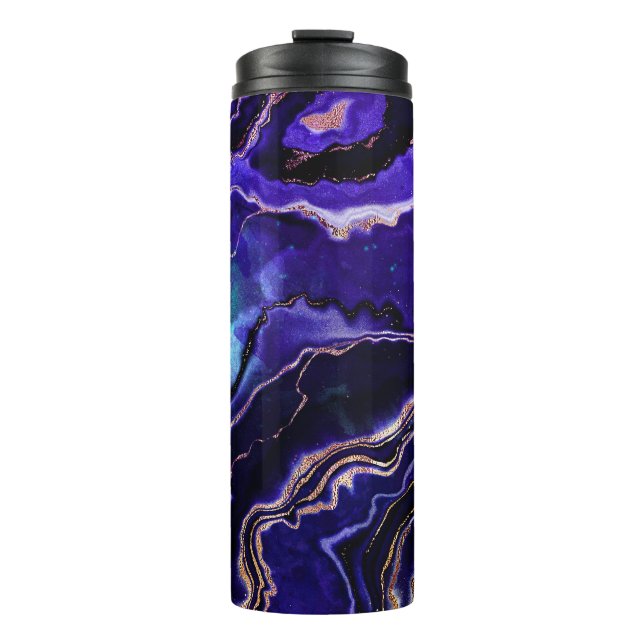 Gemstone Geode Blue Lila Rose Gold Black Agate Thermosbecher (Vorderseite)