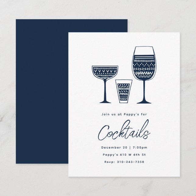 Gemustert Cocktails Navy Blue Cocktail Party Einladung (Vorne/Hinten)