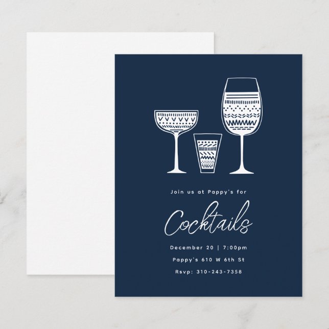 Gemustert Cocktails Navy Blue Cocktail Party Einladung (Vorne/Hinten)