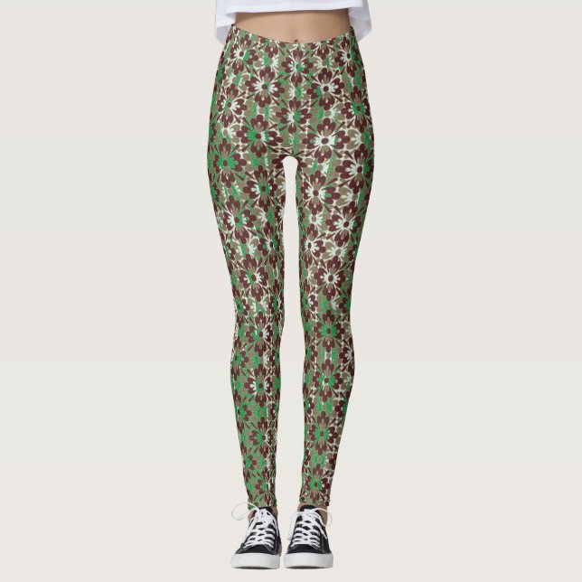Gemusterte Blume in Grau, Rot und Grün Leggings (Vorderseite)