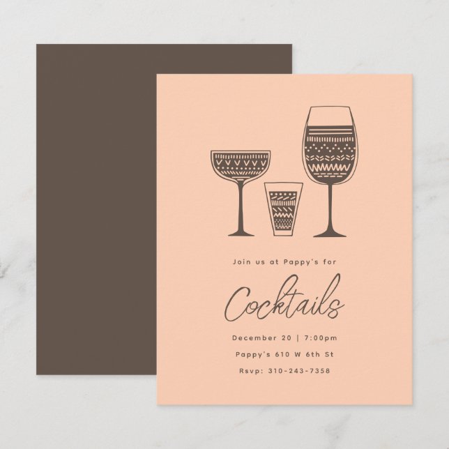 Gemusterte Cocktails Peach Cocktail Party Einladung (Vorne/Hinten)