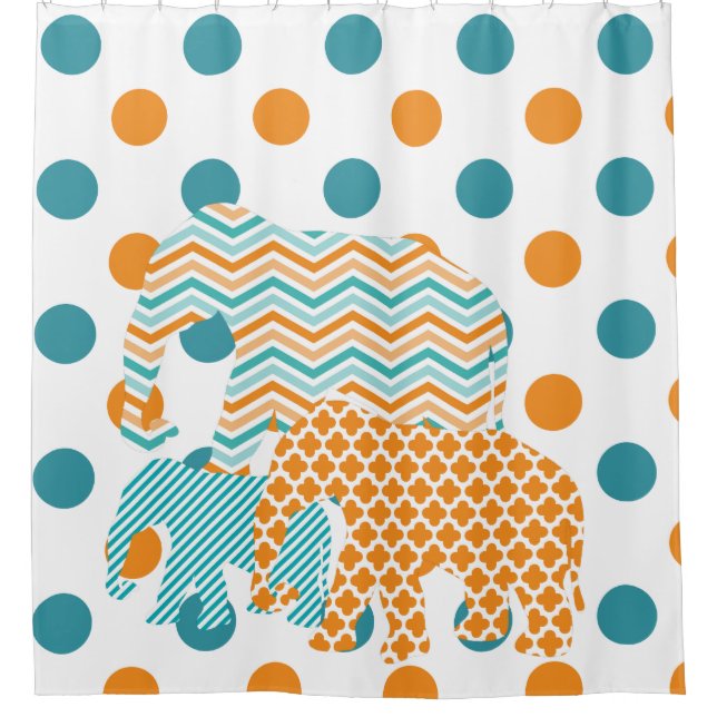 Gemusterte Elefanten auf Polka Dots Duschvorhang (Vorderseite)