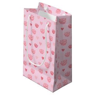 Gemusterte Geschenktasche mit rosa Rose und Herz Kleine Geschenktüte