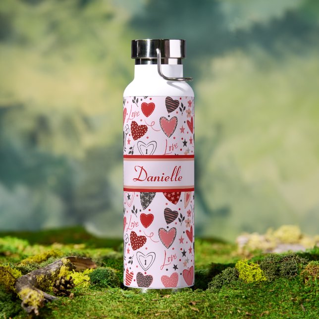 Gemusterte Herzen, Sterne, Punkte rosa, rot und sc Trinkflasche (Außenbereich)