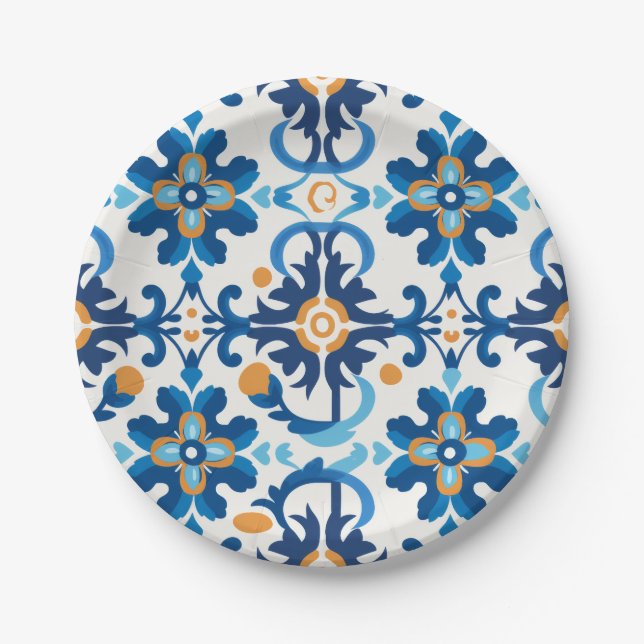 Gemusterte Papierschale aus blau und braun Pappteller (Vorderseite)