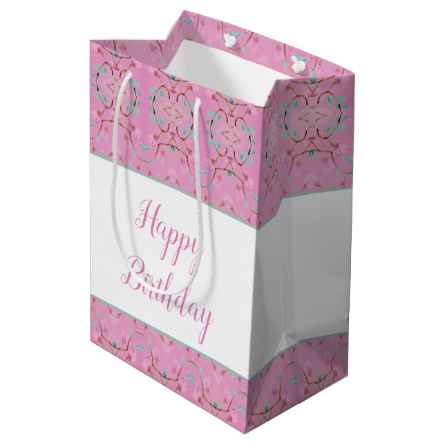 Gemusterte, rosa Geschenktasche mit Aquamarinem Ak Mittlere Geschenktüte (Rückseite Schrägansicht)