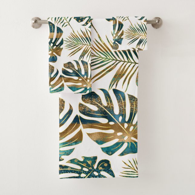 gemusterte tropische Blätter aquamarin und gold Badhandtuch Set (Insitu)