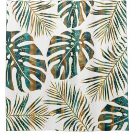 gemusterte tropische Blätter aquamarin und gold Duschvorhang