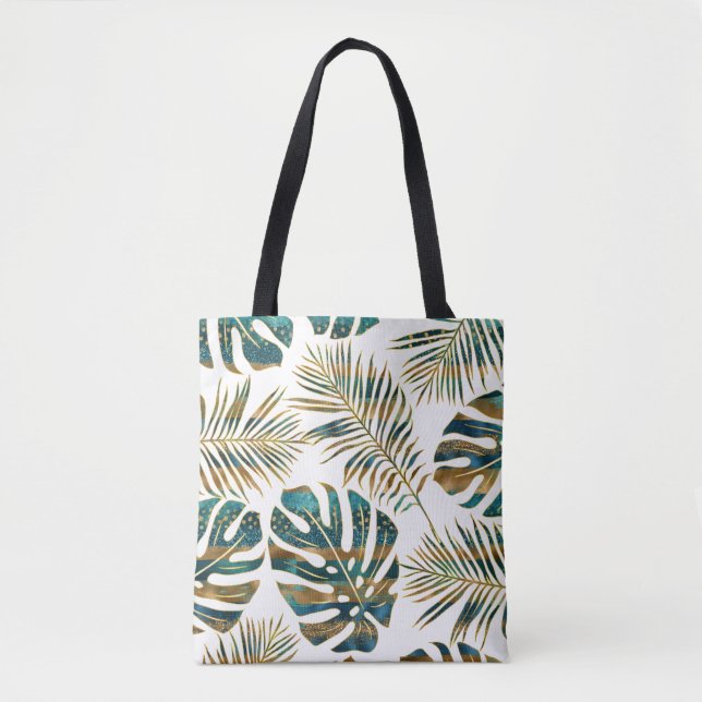 gemusterte tropische Blätter aquamarin und gold Tasche (Vorderseite)